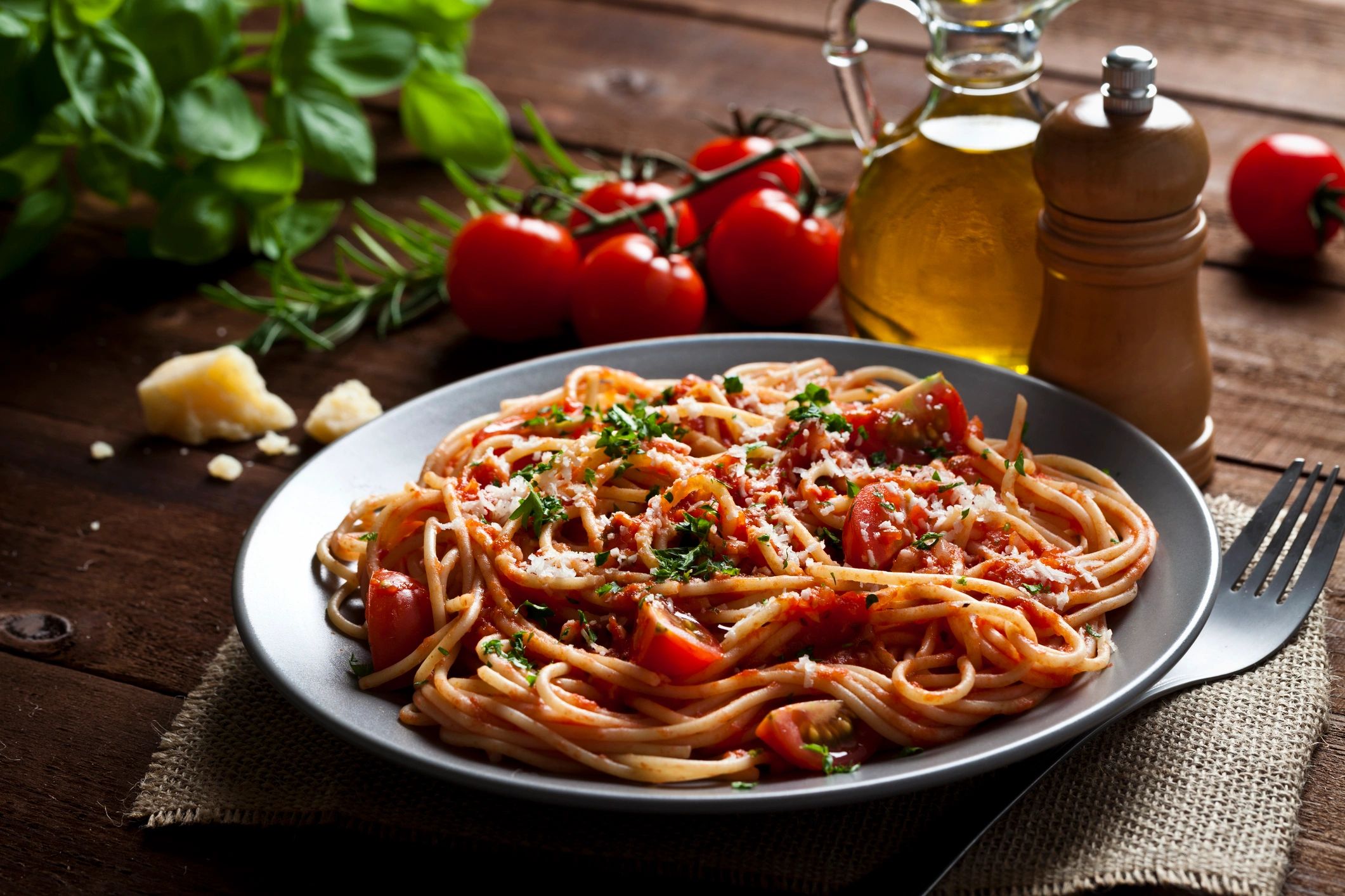 Close-up of Italian pasta and antipasti